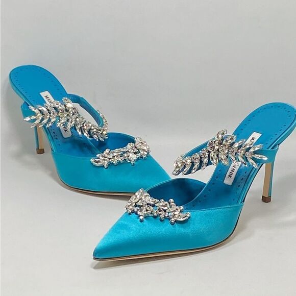 Manolo Blahnik Lurum 90 Embellished Satin Mules size 39.5 - Picture 5 of 12